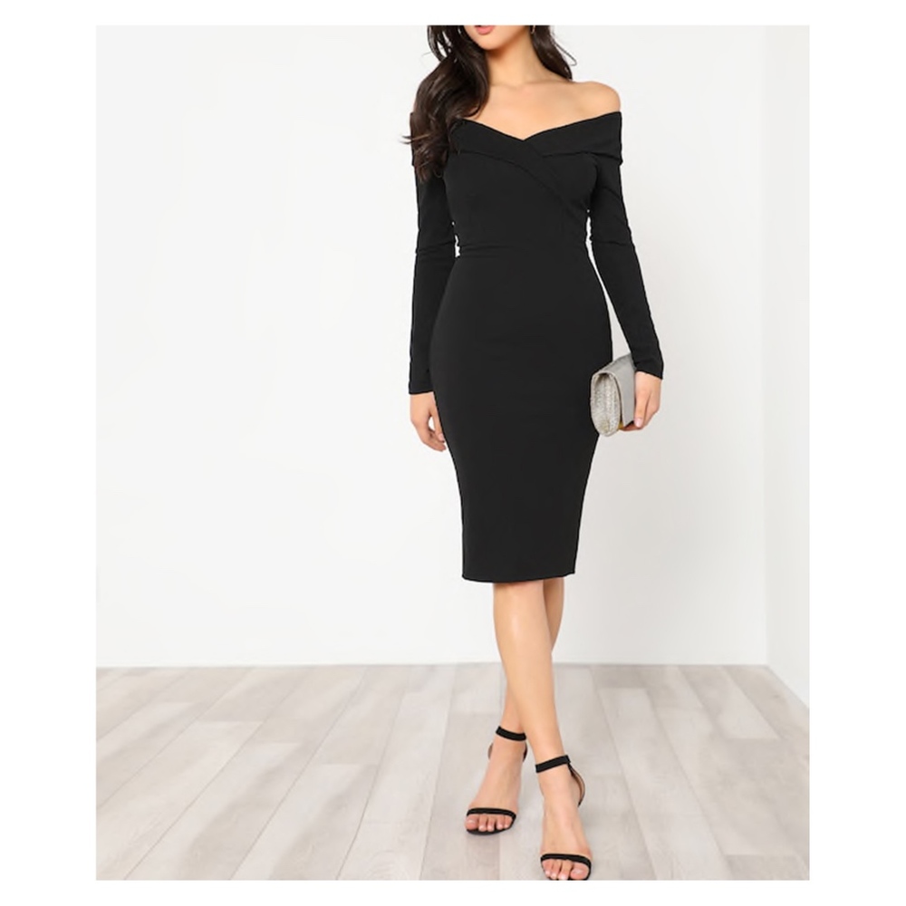 Black Foldover Off Shoulder Bodycon Midi Dress